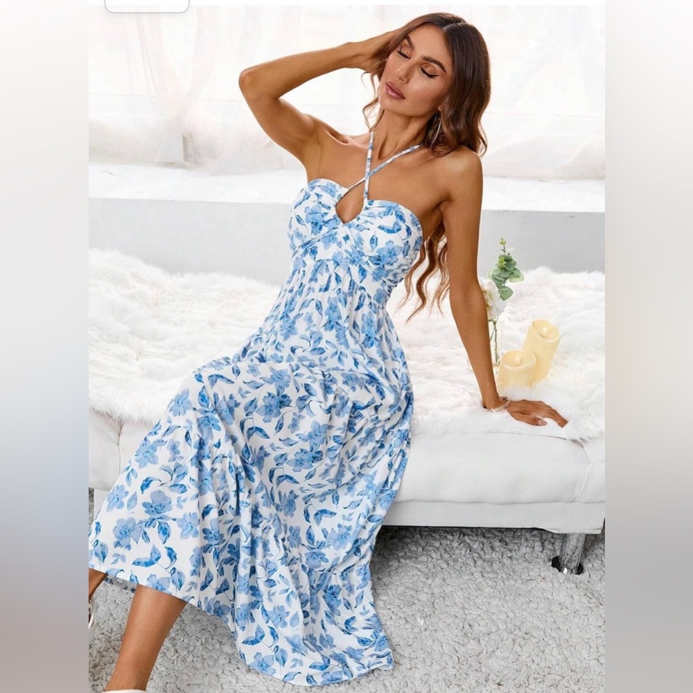 Floral Print Ruffle Halter Dress